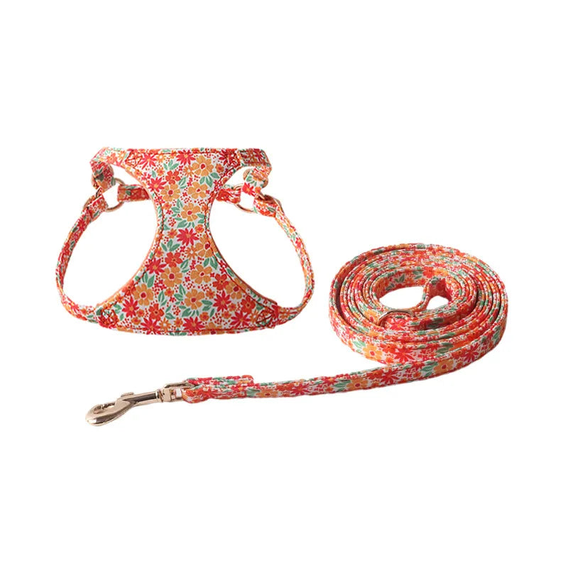 Ensemble harnais et laisse motif floral Maison Poméra - coloris orange