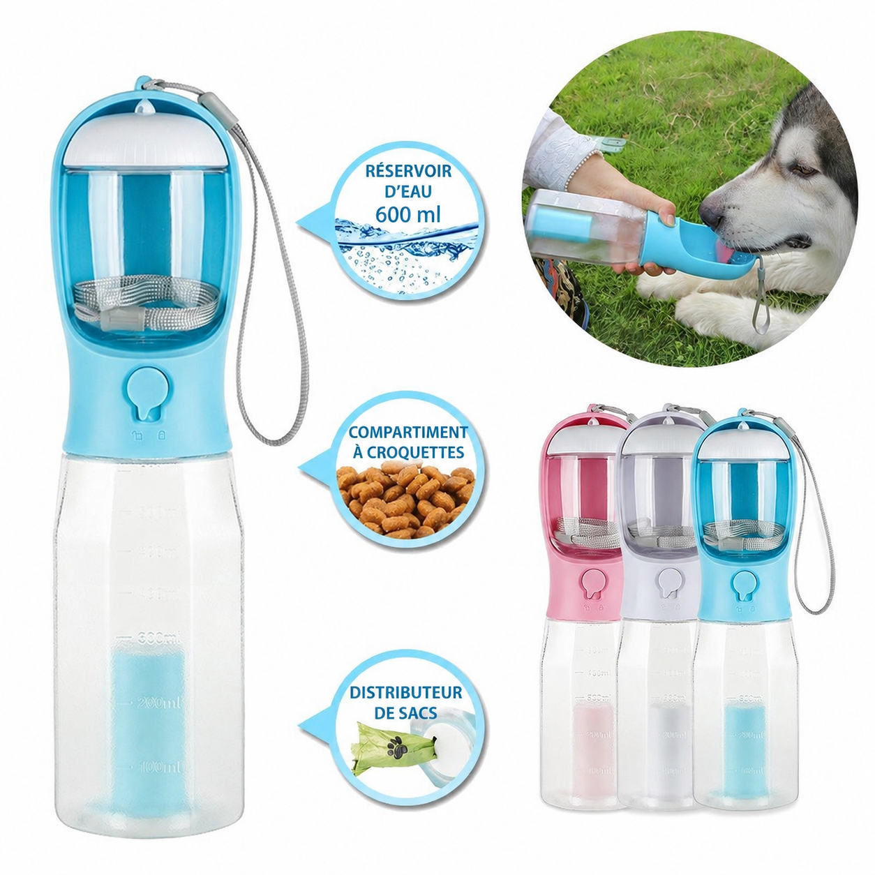 Maison Poméra – Gourde Balade Chien 3 en 1 – Eau, Croquettes & Sacs